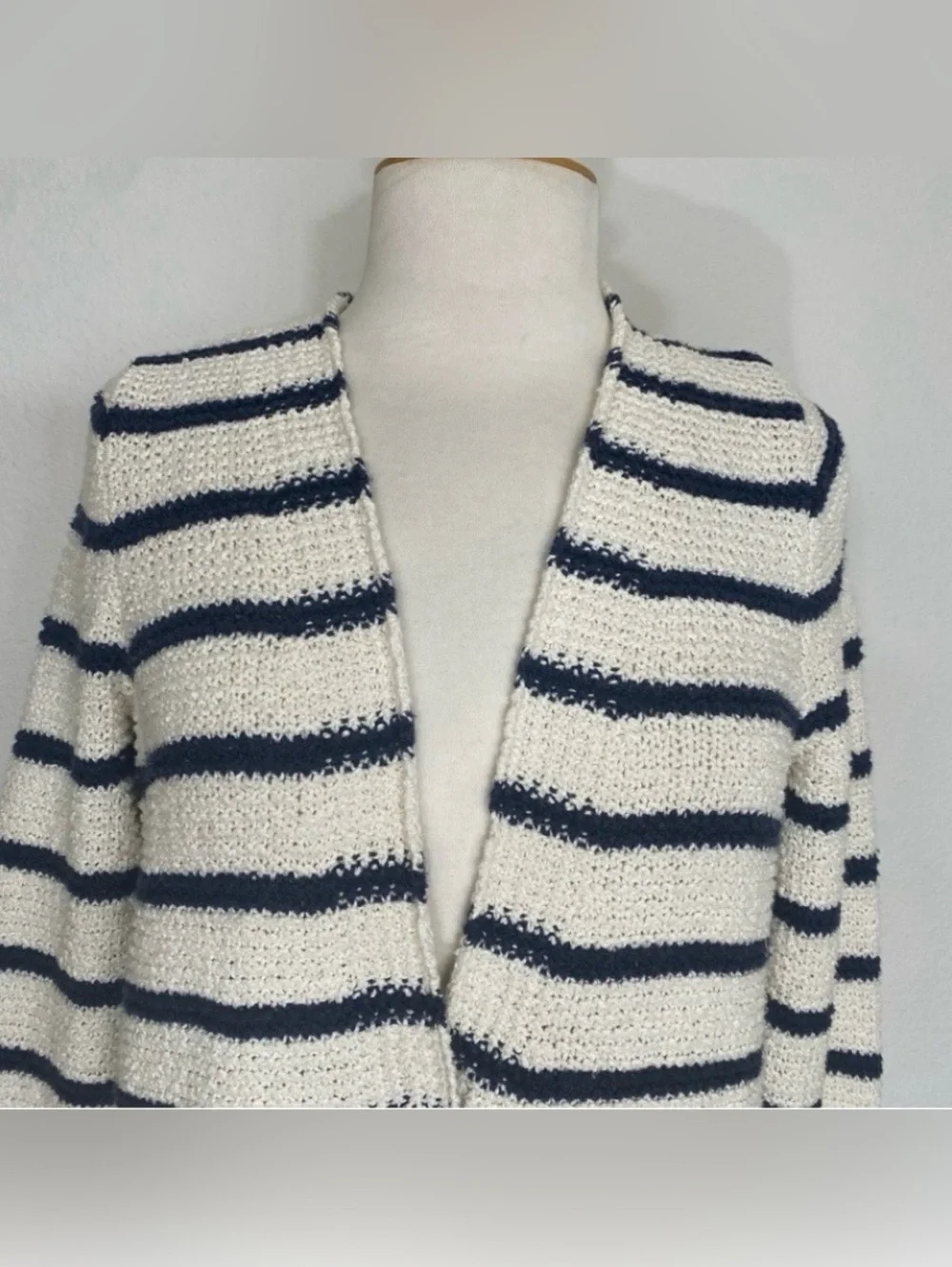 Free People Womens Cream Navy Stripe Cotton Coastal Thick Knit Cardigan Size L